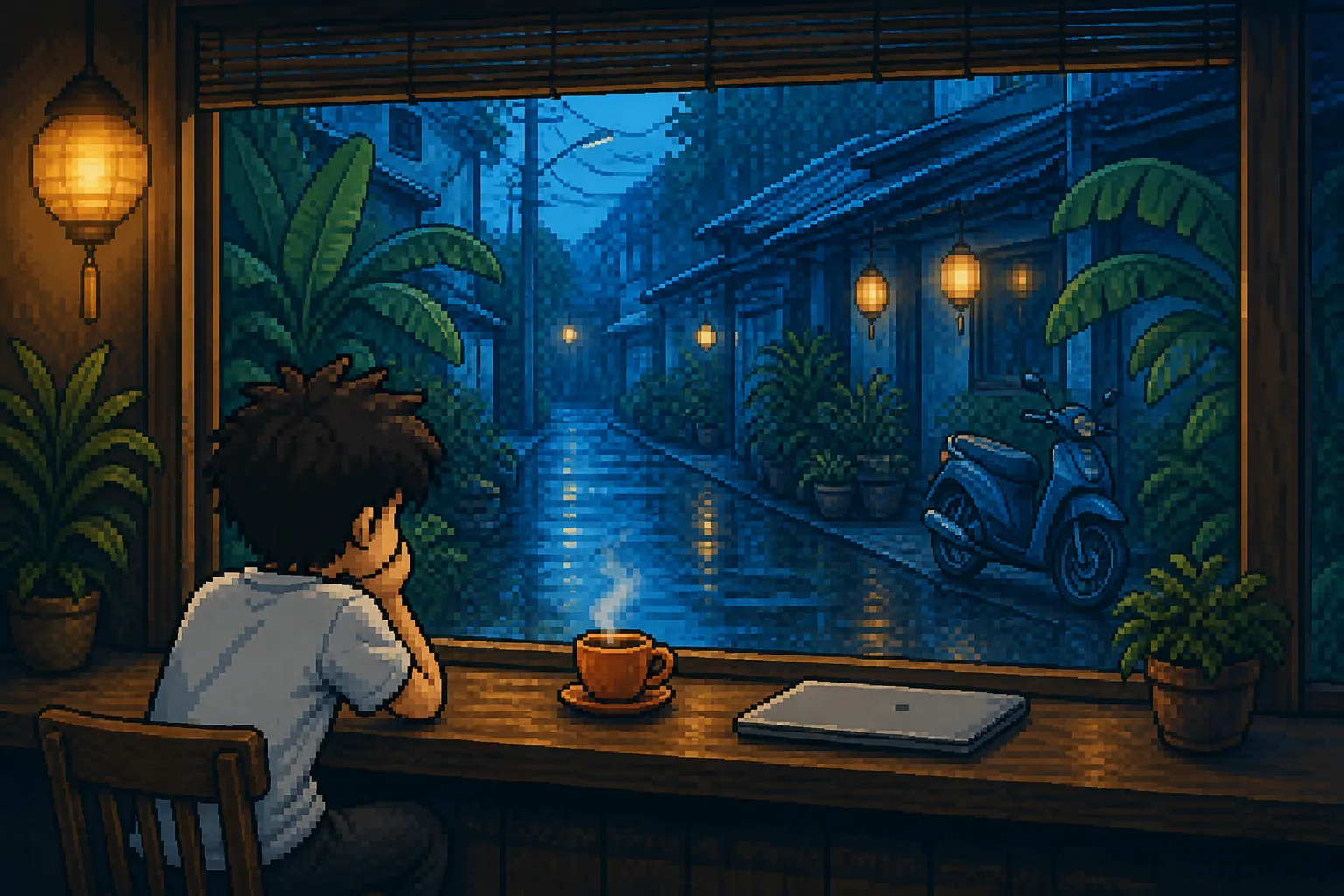 비 오는 치앙마이 골목 카페 창가. 찻잔에서 김이 오르고, 한 사람이 턱을 괴고 창밖을 보고 있다.